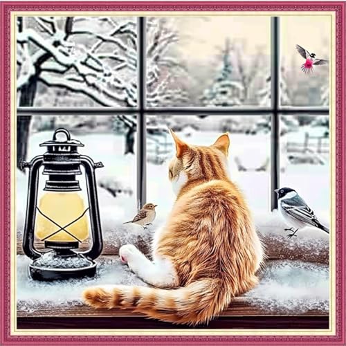 Dooxvey Counted Cross Stitch Kits for Adults 11CT Printed Cross-Stitch Patterns Cross Stitching Embroidery Kit Stamped or Counted Needlepoint Kits-Window sill Cats Birds 18×18 inch - color: ColorDIY07