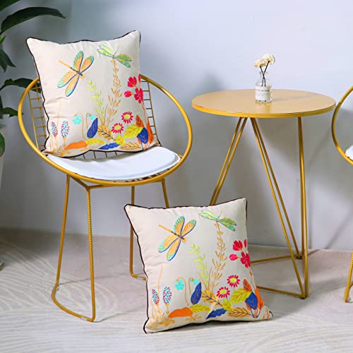 Set of 2 Embroidered Decorative Throw Pillow Covers Couch Square Pillowcases Cushion for Bedroom Sofa Farmhouse Decor 18x18 Inch (Dragonfly) - color: Dragonfly