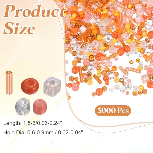 MECCANIXITY 5000 Pcs Mixed Glass Seed Beads, 1.5-6mm Mini Loose Glass Bugle Spacer Bead Embroidery Beads for DIY Craft Projects Earrings Necklaces Bracelets Jewelry Making, Orange-Red - color: Orange-Red