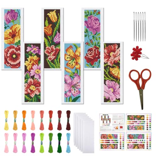 FREEBLOSS 6 Set Stamped Cross Stitch Bookmark Kit Flowers Pattern Cross Stitch Bookmarks DIY Bookmarks Cross Stitch Kits for Beginners Embroidery Bookmarks DIY Kits for Adults - style: Light Flowers