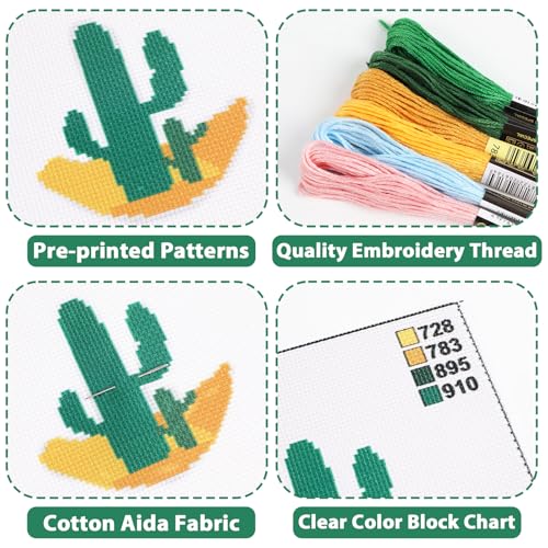ZOIIWA 6PCS Cross Kits for Beginners DIY Embroidery Kit for Adults Boho Cross Kits Christmas Birthday Gift Abstract Landscape Needlepoint Patterns with 2 Embroidery Hoops Craft Supplies