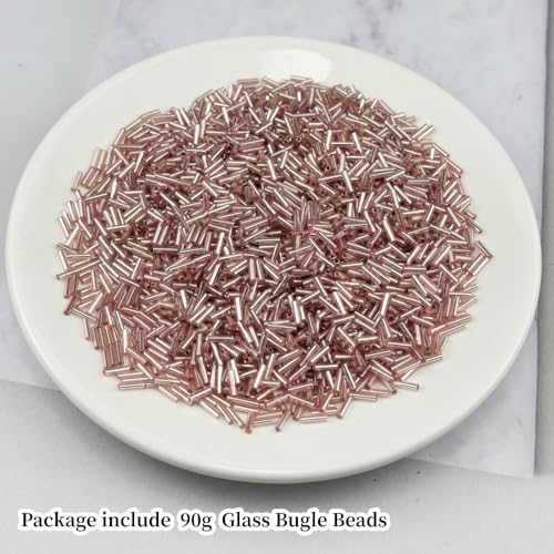 90g Glass Bugle Beads 7x2mm Embroidery Tube Glass Spacer Bulk Small Craft Long Beads for Necklaces Bracelets Earrings DIY Jewelry Making(Pink) - color: Pink