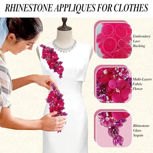 Handmade 3D Flower Embroidery Applique Rhinestone Lace Patches, Rose Red - color: Rose Red