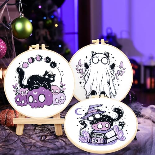 Crafmanoe Halloween Embroidery Kit for Beginners Adults, Skull Cat Stamped Cross Stitch Kit for Adult Beginner, Gothic Ghost Hand Embroidery Needlepoint Kits, 3 Set Embroidery Hoops and Video Tutorial - color: Purple