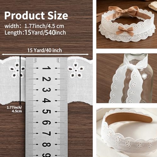15 Yards White Lace Trim, 15 Yard White Lace Ribbon,1.8inch White Cotton Eyelet Lace Ribbon,Floral Embroidery Ruffle Lace Trim for Sewing Dresses Clothes and Bridal Wedding Applique Decoration - color: White, Length: 15 Yard, Width: 1.8inch / 4.5cm
