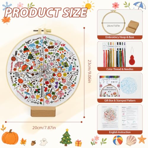 A Year of Doodles Embroidery Kit for Beginners Adults, 12-Month Seasonal Icon Wheel Easy Cross Stitch Kit Easy All-Year Round Embroidery Starter Kits with Wooden Hoop Needles Threads and Instruction - color: 12-Month Seasonal Icon