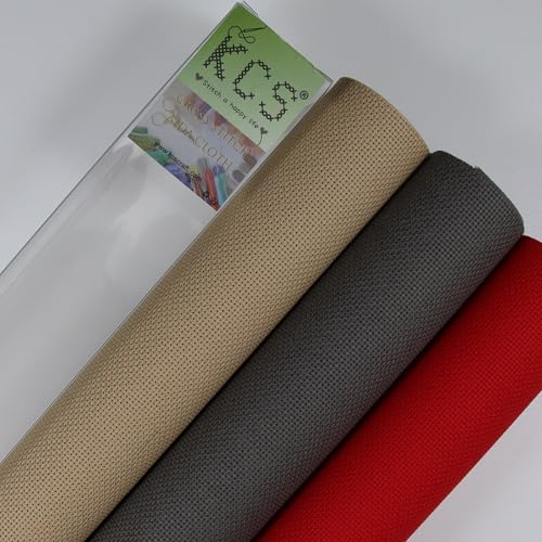 KCS 3 pc of 15" x 18"(38cmx45cm) Counted Cross Stitch Cotton Aida Cloth Needlework Rolled Fabric Box,18CT,Red+Khaki+Dark Grey - color: Red+khaki+dark Grey, size: 18CT