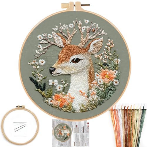 FONNUY Printed Deer and Floral Embroidery Kit with Hoop, Cross Stitch Kits for Beginners, Handmade Crafts, Easy to Follow Color Thread Needlework, 8'' Hoop (Floral Whispers Deer Listening) - color: Floral Whispers Deer Listening