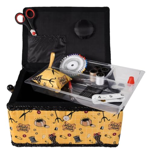 SINGER Sewing Basket, Sewing Kit with Notions, Handmade Print Design - color: Yellow Vintage Fabric