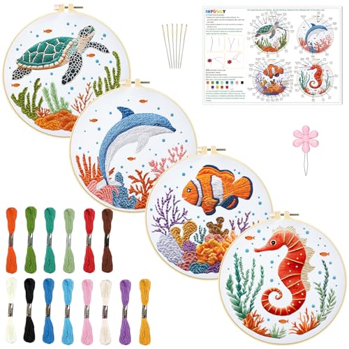 INFUNLY 4 Sets Whale Embroidery Kits for Beginners DIY Cross Stitch Starter Kits with Turtles Seahorses Patterns Fish Sea Animals Embroidery Kits with Instructions Embroidery Cloth Hoops Threads Tools - style: Marine animals