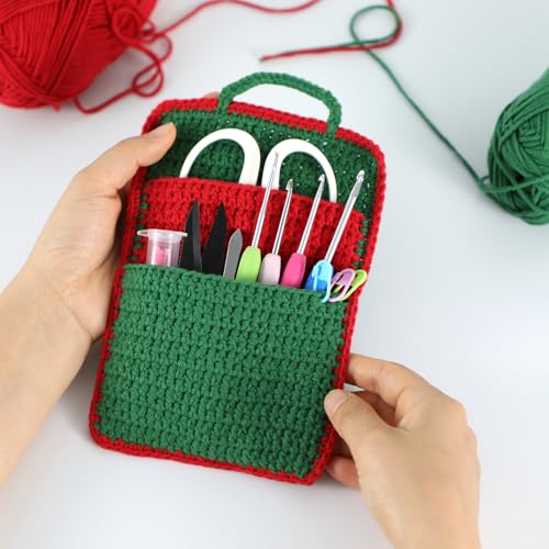 Handmade Crochet Bag Organizer,2-Layer Small Crochet Pouch for Women,Crochet Hook Storage & Knitting Project Bag,Green Red Crocheted Bag for Crochet Supplies,Scissors,Gifts for crochet lovers