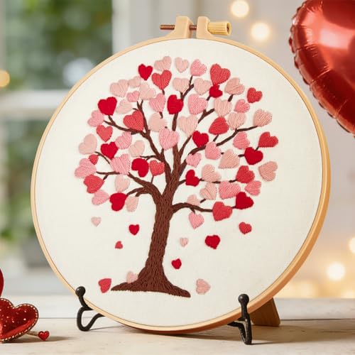 Love Heart Tree Embroidery Kits for Beginners Adults, Valentine's Day Hand Embroidery Kits, Cross Stitch Kits for Adult Anniversary Valentine's Gift, Entire Set of Embroidery Supplies & Video Tutorial - color: H2067