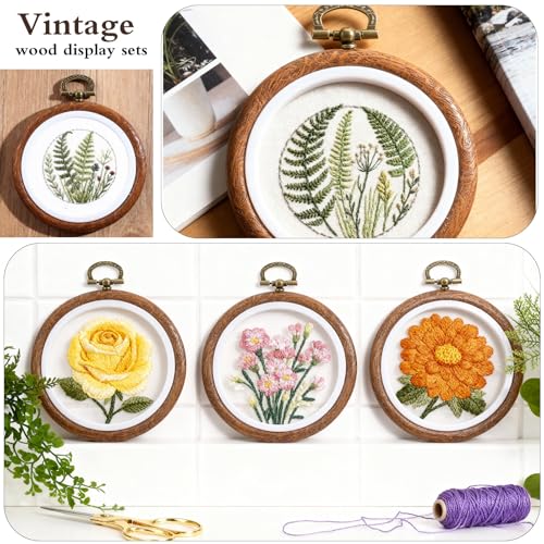 16 Pcs 3 Inch Round Embroidery Hoop, Circle Rubber Decorative Embroidery Hoop Frames for Display, Imitated Wood Cross Stitch Ornament for Christmas Craft Sewing DIY Hanging Gifts