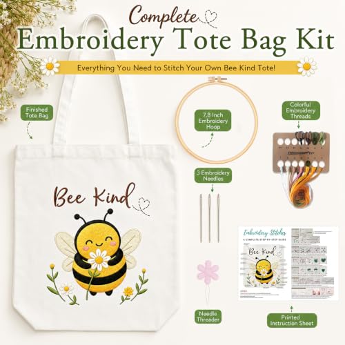 Nuberlic Bee Embroidery Tote Bag Kit for Beginners Stamped Embroidery - color: Bee