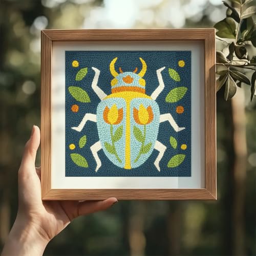 Doodlream Beetle DIY Punch Needle Embroidery Kit for Adult Beginner, 9.4" Scarab Flower Animal Punch Stitching Craft Set for Starter with Frame, Fabric Pattern, Threader, Yarn, Pinch Needle - color: Beetle