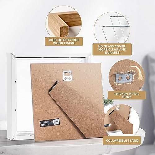 Muzilife 8x8 Small Shadow Box Wood Picture Frame with Stand, Glass, White - color: 1pcs 8x8-white