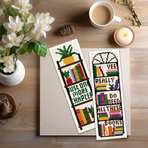 ACRNIGHEET 6PCS Counted Cross Stitch Bookmark Kits for Beginners Bookshelf - style: Words and bookshelf patterns