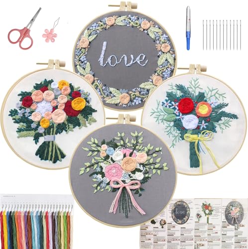 CanVrinxol 4 Sets Christmas Embroidery Kits for Adults Beginners, Cross Stitch Kits with Patterns, Hoops, Threads, Needles & Tools, DIY Craft Gift Ideas (Flower) - style: Flower