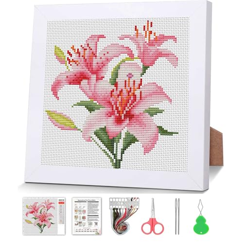 VIGEGU Lily Stamped Cross Stitch Kits for Adult Beginner with Wooden Frame - color: lily Cross Stitch with Framed