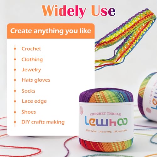 Crochet Thread Size 3, 3 Pack 100% Cotton Lace Yarn Set Rainbow - color: Rainbow