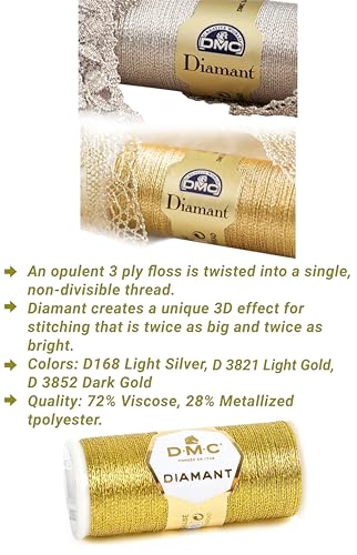 DMC Diamant EmbroideryThread Set, Bundle of Light/Dark Gold, Light Silver