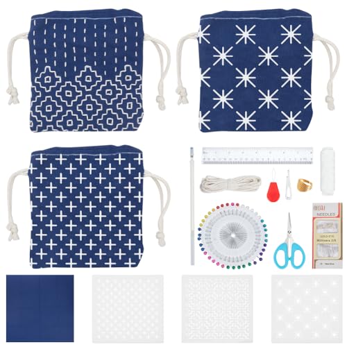 INFUNLY 3 Set Sashiko Drawstring Bag Kits Sashiko DIY Tote Bag Kit Flower Sashiko Fabric Kit for Beginners Make Your Own Tote Bag with Thread Needles Hand Sewing Set for Adults - style: Simple pattern