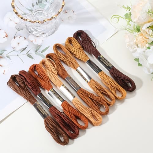 8 Skeins 6 Strands Brown Embroidery Floss Threads Polyester Variegated Gradient Friendship Bracelet String Cross Stitch Thread Bulk for Jewelry Making Hand Sewing Knitting Stitching Crafts - color: Brown