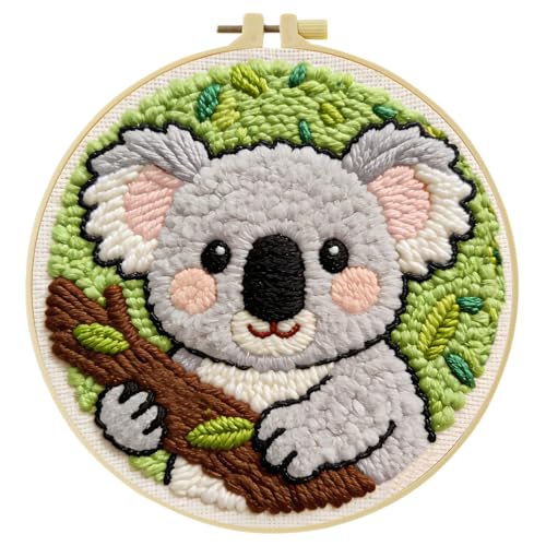ZuoAnLF Punch Needle Kit for Beginner, Rug Yarn Hooking Beginner Kit with Instruction, Punch Needle Fabric with Pattern, Yarns, Embroidery Hoops for Punch Needle 20CM/9.8INCH (Koala) - color: koala