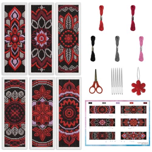 INFUNLY 6 Pcs Gothic Mandala Cross Stitch Bookmark Kit 3x8.5 Inch Pre Printed Dark Floral Counted Cross Stitch Bookmark Kit for Adults DIY Embroidery Kit with Instruction for Book Lover Reader Writer