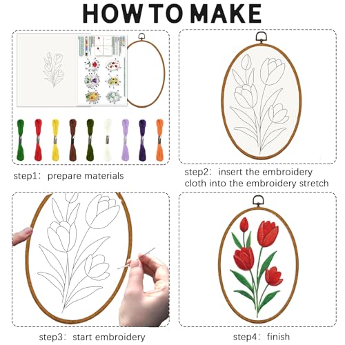 INFUNLY 6 Pack Elliptical Shape Embroidery Starter Kit for Beginners Flowers DIY Embroidery Kits for Adults Sunflower Rose Stamped Needlepoint Set with Step-by-Step Instructions Craft Lover Gift - style: Elliptical