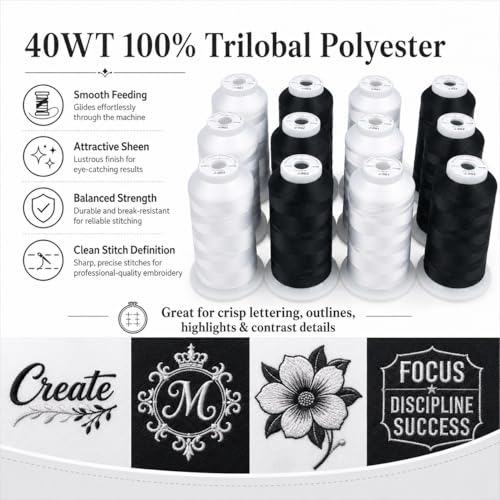 Simthread 12 Spools 3000 Yards 40WT Polyester Embroidery Thread Black White