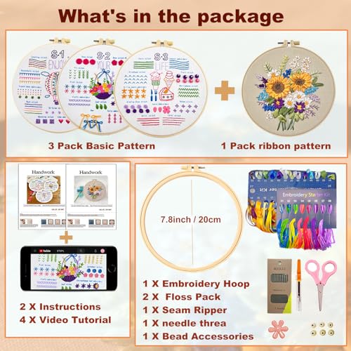 KLOSN 4 Sets Embroidery Kits for Beginners, Ribbon Embroidery Patterns & Easy Embroidery Stitches Kits, Needlepoint Kits for Adults, Beginners Embroidery Kits for Adult Include Video Tutorial