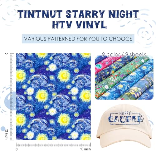 Tintnut Starry Night Van Gogh HTV Vinyl,9 Sheets 12×10in Iron on Vinyl - color: Tie-dye color