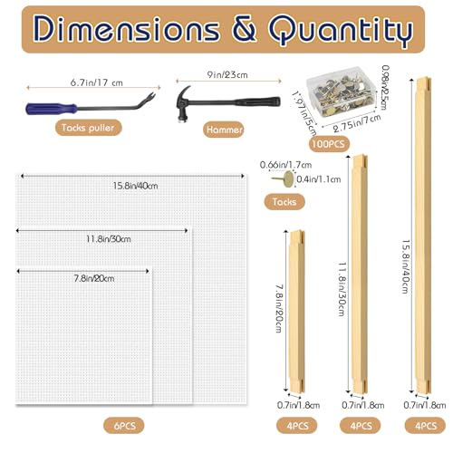 Soleeya 12 PCS Needlepoint Stretcher Bars, 8/12/16in Canvas Stretcher Bars for Needlework with 100 Tacks, Embroidery Wooden Accessories for Needlework with 6 Canvas/Hammer/Nail Puller for Crafts