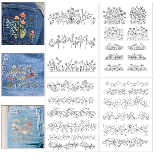 Flower Water Soluble Embroidery Patterns, 4 Sheets Stick and Stitch Embroidery Paper, Long Rattan Floral Tear Away Patterns Transfer Paper Customized Gifts for Hand Sewing Lovers Beginners - size: Flower Border