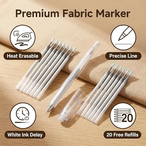 ibotti Heat Erasable Fabric Pen with 20 Refills for Tailors Sewing, Quilting and Crafts, White