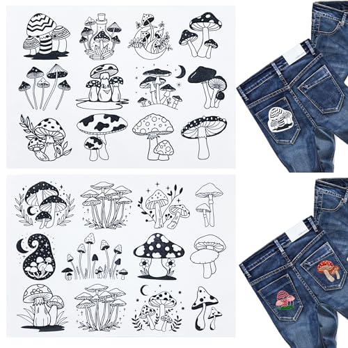 24 PCS Water Soluble Embroidery Stabilizer, Stick & Stitch Embroidery Paper with Pre-Printed Mushroom Patterns, Adhesive Hand Sewing Stabilizers - color: Style D