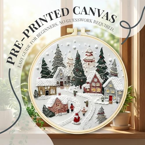 Huacan Embroidery Kit for Beginners Adults, Easy Needlepoint Kits for Adults with Stamped Embroidery Patterns. (Village) - style: Village