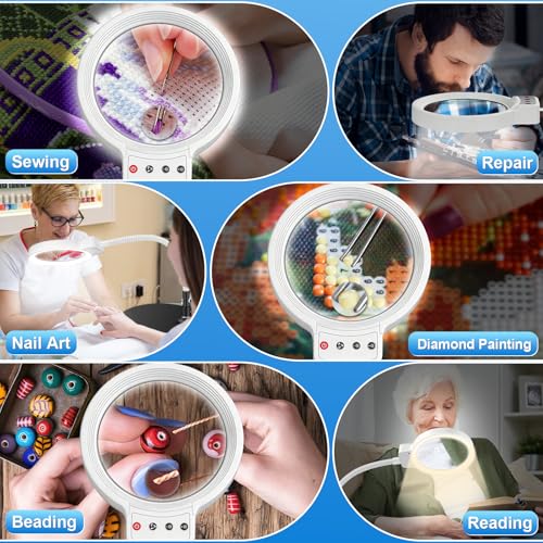 10X 30X Magnifying Glass with Light and Stand, LED Desk Lamp for Close Work - color: White