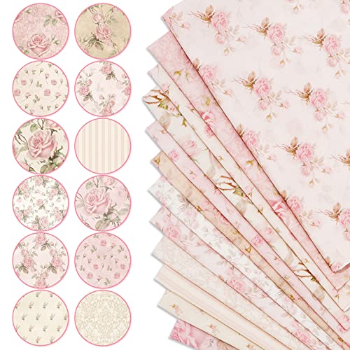 Whaline 12Pcs Spring Cotton Fabric Bundles 18 x 22 Inch Retro Floral Printed Fat Quarters Pink Flower Quilting Patchwork Squares Sewing Fabrics for DIY Handmade Crafting Home Party Decor - color: Pink, size: 18 x 22 inches