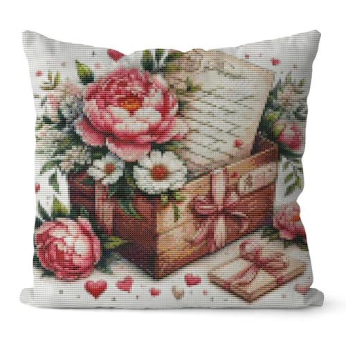 Huacan Cross-Stitch Pillow Kit Stamped Flower Pattern Without Pillow Core for Adults Beginners 17.7 x 17.7 in
