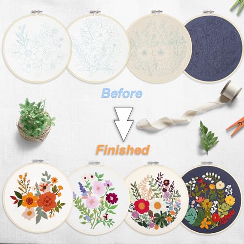 Bonroy 4 Sets Embroidery Kit for Beginners with Instructions,Cross Stitch Kits for Adults with Pattern,Needlepoint Kits for Adult Include Embroidery Cloth Hoops Needles Threads - color: flowers7