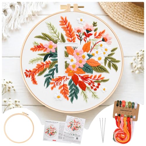 Zerzsy 7.87 '' Embroidery Kits Plant Flower Leaf English Letter Patterns for Beginners Adults, Easy to Learn Cross Stitch Kit for Home Office Decor - color: Letter F