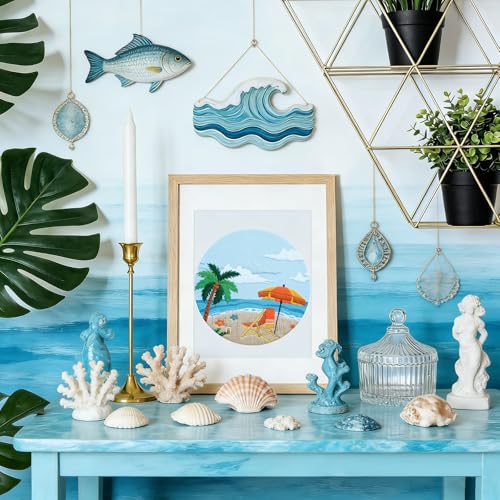 ElasignShopo Ocean Embroidery Kit for Beginners Adults, Easy Cross Stitch Kit Spring Summer Beach Ocean Pattern Embroidery Starter Kits with Wooden Hoop Needles Threads Display Stand and Instruction - color: Ocean Beach