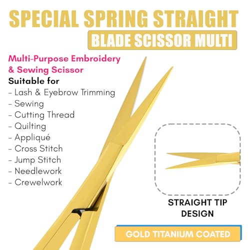 Cross Edge Spring Scissors 5 Inch straight Stainless-Steel Precision Eyebrow & Eyelash Shaping Trimming Scissor, Best for Squeeze Scissors, Embroidery & Knitting Micro Tip Craft (Gold Glitter Black) - color: Cec-ss-06
