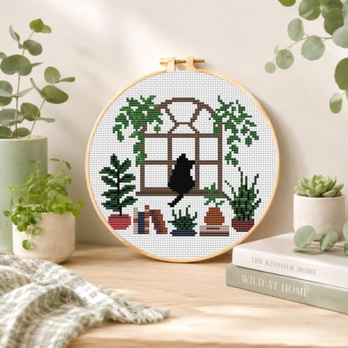 Plant Black Cat Stamped Cross Stitch Kits for Adults Beginners with Frame - color: Black Cat Plants Cross Stitch