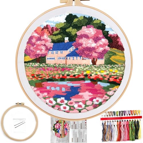FONNUY Embroidery Kit for Beginners, Boho Nature Landscape Pre-Stamped Pattern Kits for Adults with Hoop, Easy to Follow Color Thread Needlework, 8'' Hoop (Mountain House) - color: Mountain House