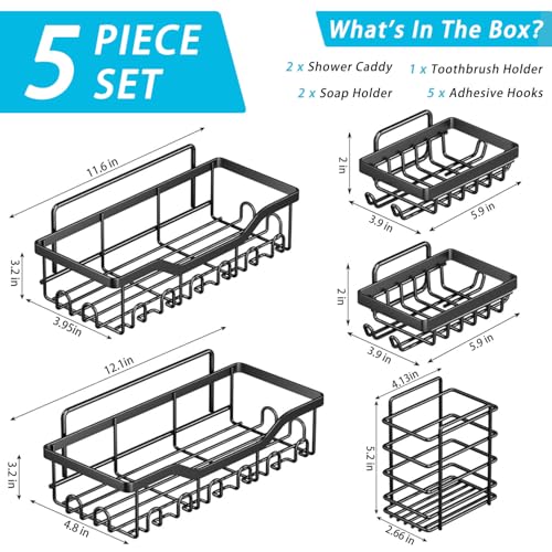 Fammart Adhesive Shower Caddy, 5-Pack Rustproof Stainless Steel Bathroom Organizer with 28 Hooks, No-Drill Large Capacity Shower Shelves for Bathroom Storage & Home Décor, Black - color: Stainless Steel, 5 Pack - Black