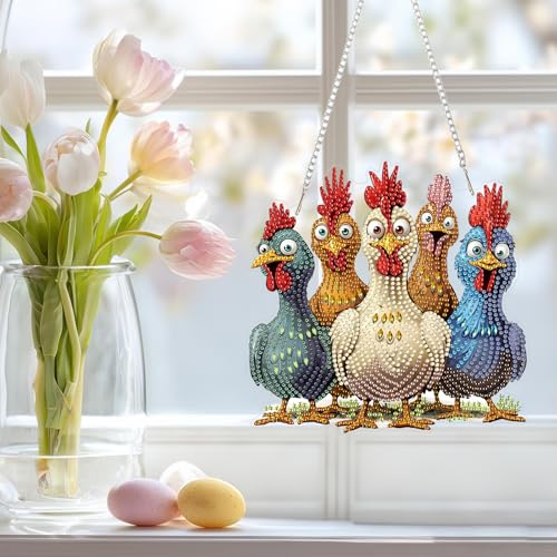 NAIMOER Chickens Diamond Art Hanging Kits for Adults, 5D Special Shaped Rhinestone, DIY Acrylic Spring Diamond Art Painting Window Pendants Home Garden Wall Hanging Ornament Kits, Double Sided - color: Easter 03