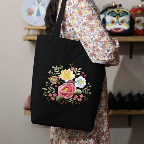 KABAKE Canvas Tote Bag Embroidery Kit - Embroidery Kits for Beginners Combo with Tools - Black Floral Bag Include Stamped Bag, Threads & Tools - color: Black Bag with Floral 2